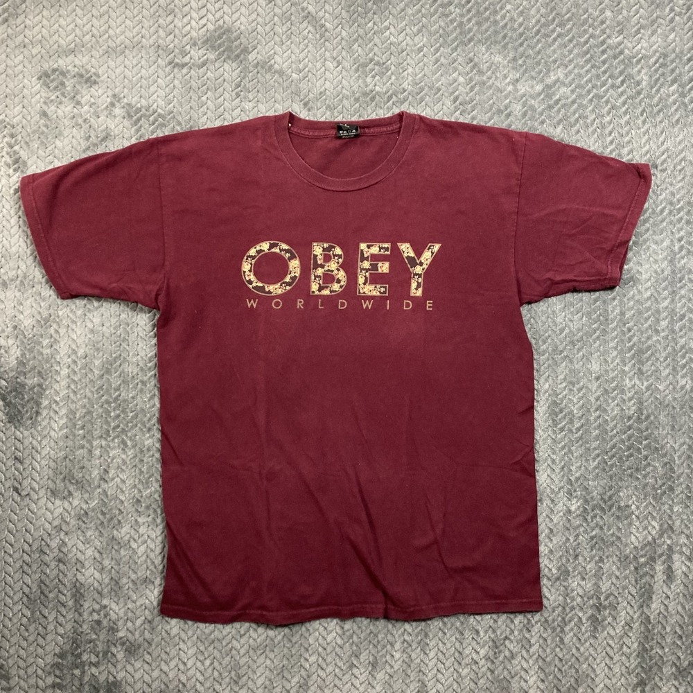 Obey Worldwide Floral Logo T-Shirt Men's L Maroon Graphic Streetwear Skate